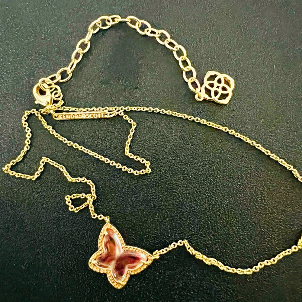 Kendra Scott iridescent butterfly necklace with gold chain